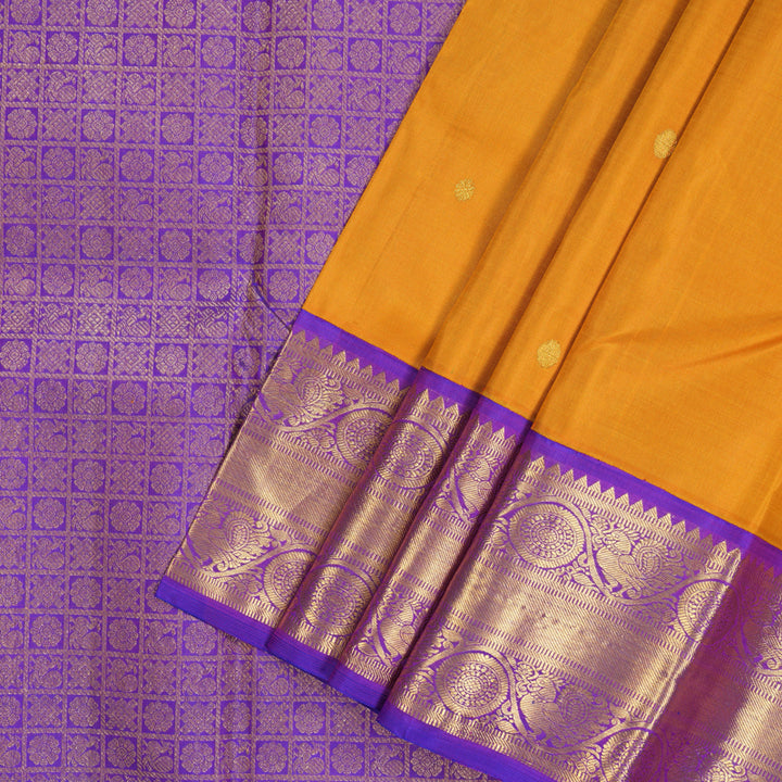 Hayagrivas Handloom Mustard Yellow Kanjivaram Silk Saree with Purple Border KBE2114A1-1