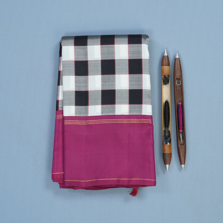 Hayagrivas Handloom Black & White Checks Kanjivaram Silk Saree with Magenta Border KBE2124A1-1
