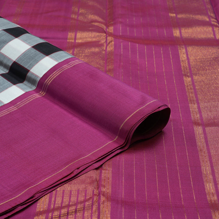 Hayagrivas Handloom Black & White Checks Kanjivaram Silk Saree with Magenta Border KBE2124A1-1