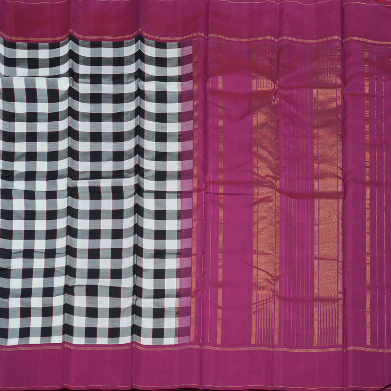 Hayagrivas Handloom Black & White Checks Kanjivaram Silk Saree with Magenta Border KBE2124A1-1