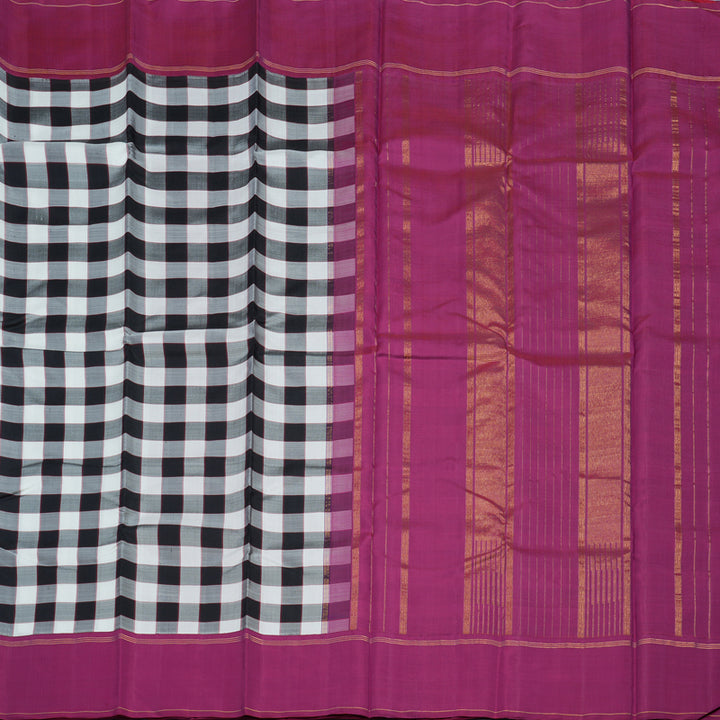 Hayagrivas Handloom Black & White Checks Kanjivaram Silk Saree with Magenta Border KBE2124A1-1