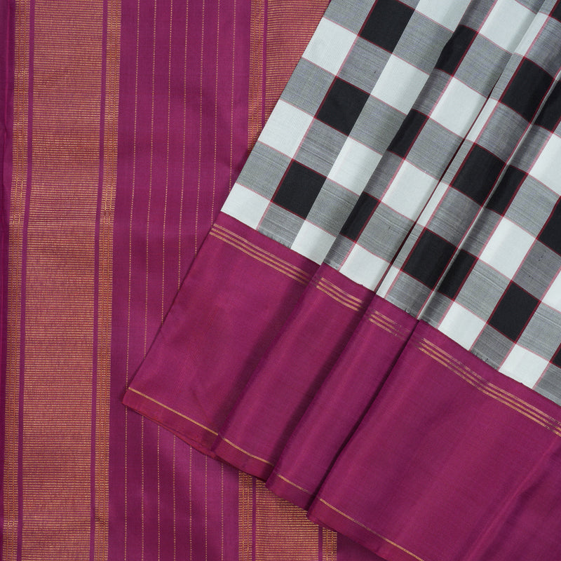 Hayagrivas Handloom Black & White Checks Kanjivaram Silk Saree with Magenta Border KBE2124A1-1