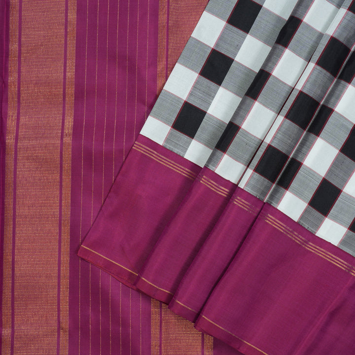 Hayagrivas Handloom Black & White Checks Kanjivaram Silk Saree with Magenta Border KBE2124A1-1