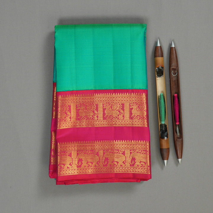 Hayagrivas Handloom Aqua Green Kanjivaram Silk Saree with Pink Border KBE2126A2-1