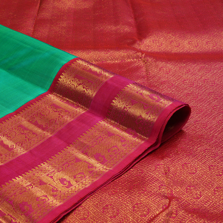 Hayagrivas Handloom Aqua Green Kanjivaram Silk Saree with Pink Border KBE2126A2-1