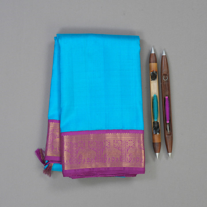 Hayagrivas Handloom Ananda Blue Kanjivaram Silk Saree with Purple Border KBE2126A3-1