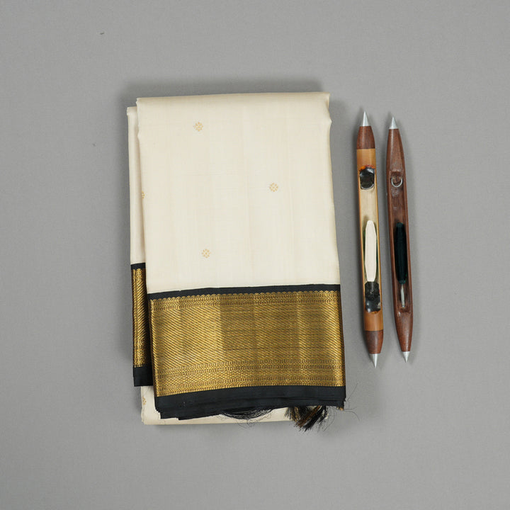 Hayagrivas Handloom Half-White Kanjivaram Silk Saree with Black Border KBE2210A1-1