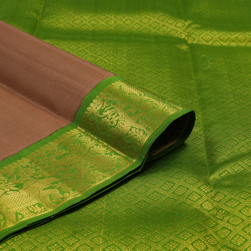 Hayagrivas Handloom Chocolate Brown Kanjivaram Silk Saree with Parrot Green Border KBE2127A3-1