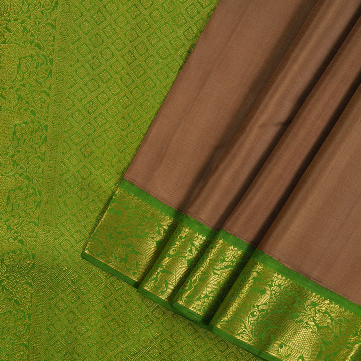 Hayagrivas Handloom Chocolate Brown Kanjivaram Silk Saree with Parrot Green Border KBE2127A3-1