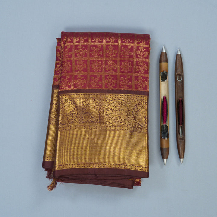 Hayagrivas Handloom Maroon Kanjivaram Silk Saree with Chocolate Brown Border KBE2127A6-1