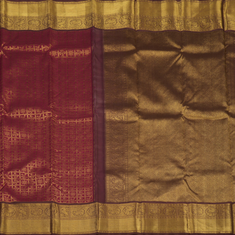 Hayagrivas Handloom Maroon Kanjivaram Silk Saree with Chocolate Brown Border KBE2127A6-1
