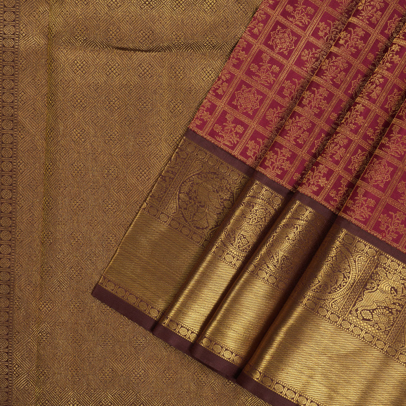 Hayagrivas Handloom Maroon Kanjivaram Silk Saree with Chocolate Brown Border KBE2127A6-1