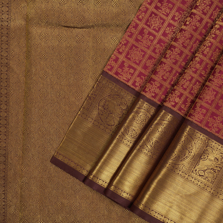 Hayagrivas Handloom Maroon Kanjivaram Silk Saree with Chocolate Brown Border KBE2127A6-1