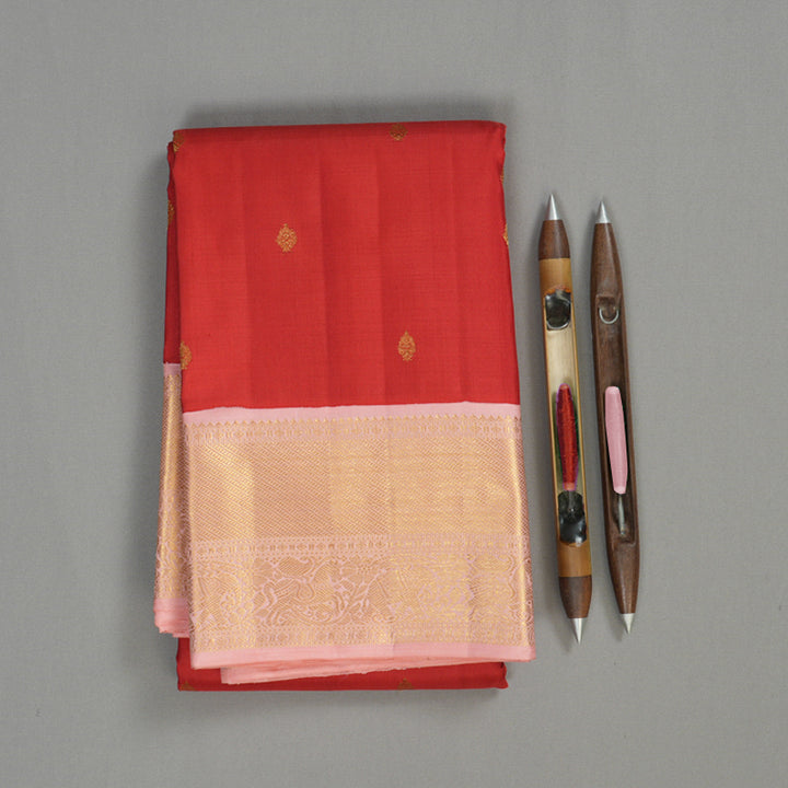 Hayagrivas Handloom Red Kanjivaram Silk Saree with Peach Pink Border KBE2210A1-3