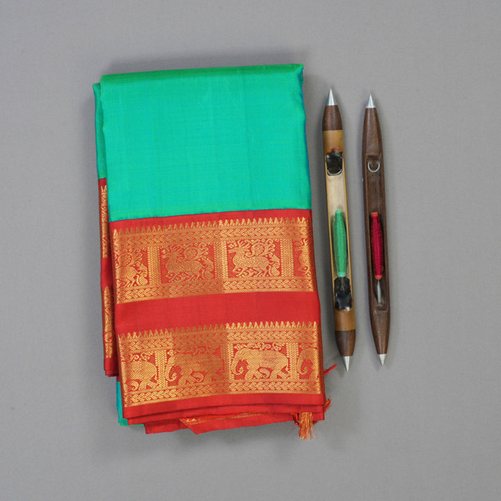 Hayagrivas Handloom Aqua Green Kanjivaram Silk Saree with Red Border KBE2128A2-1