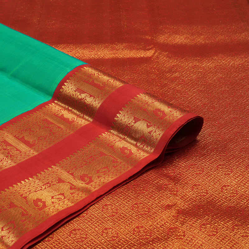 Hayagrivas Handloom Aqua Green Kanjivaram Silk Saree with Red Border KBE2128A2-1