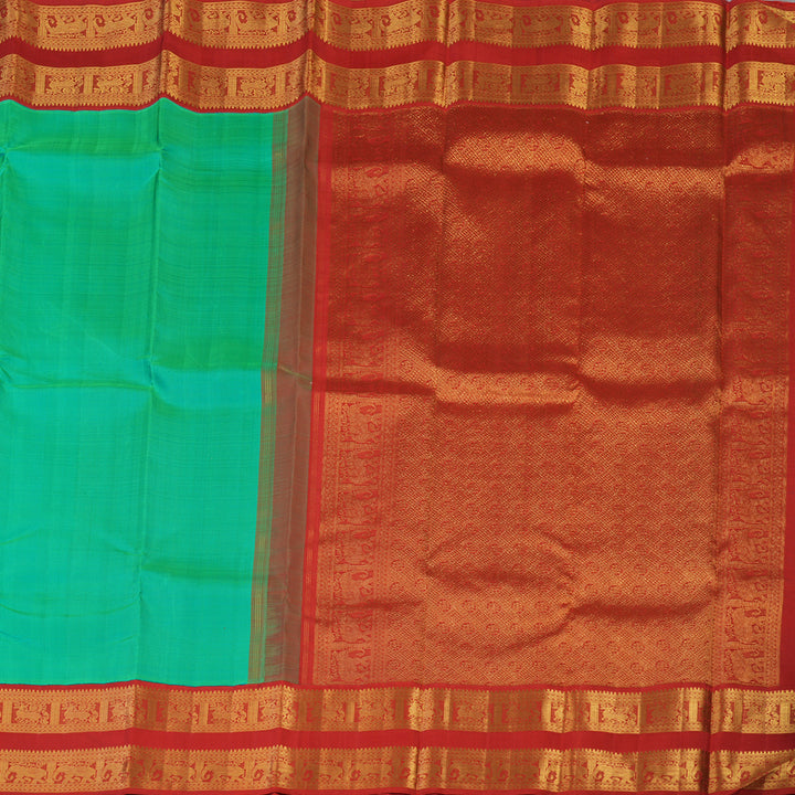 Hayagrivas Handloom Aqua Green Kanjivaram Silk Saree with Red Border KBE2128A2-1