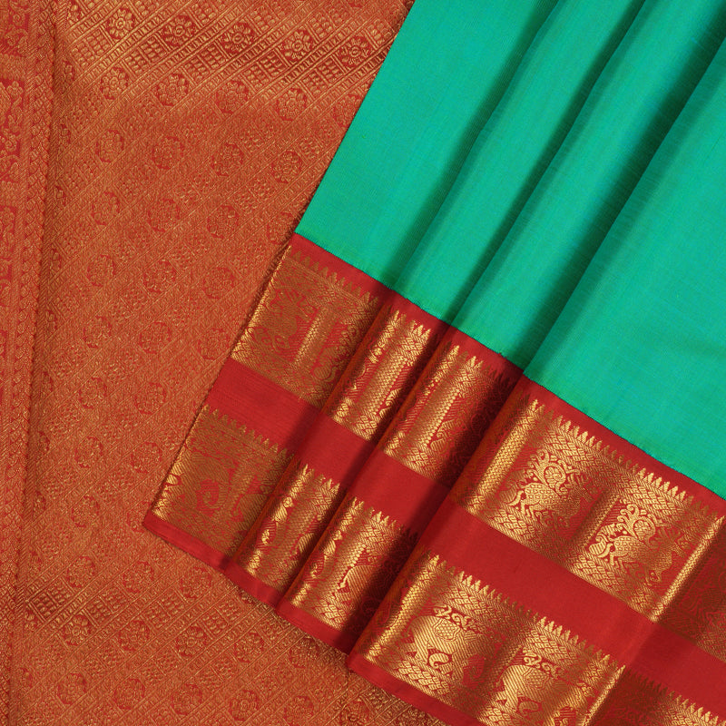 Hayagrivas Handloom Aqua Green Kanjivaram Silk Saree with Red Border KBE2128A2-1