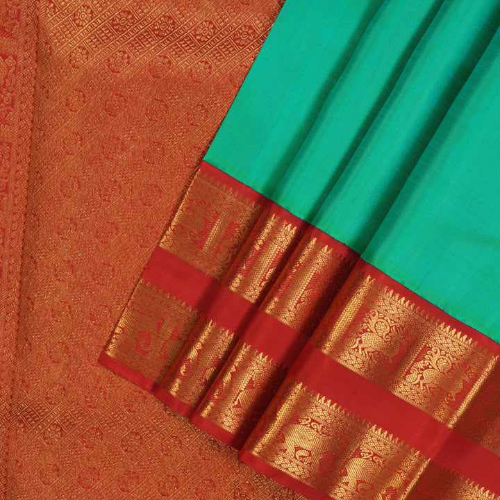 Hayagrivas Handloom Aqua Green Kanjivaram Silk Saree with Red Border KBE2128A2-1
