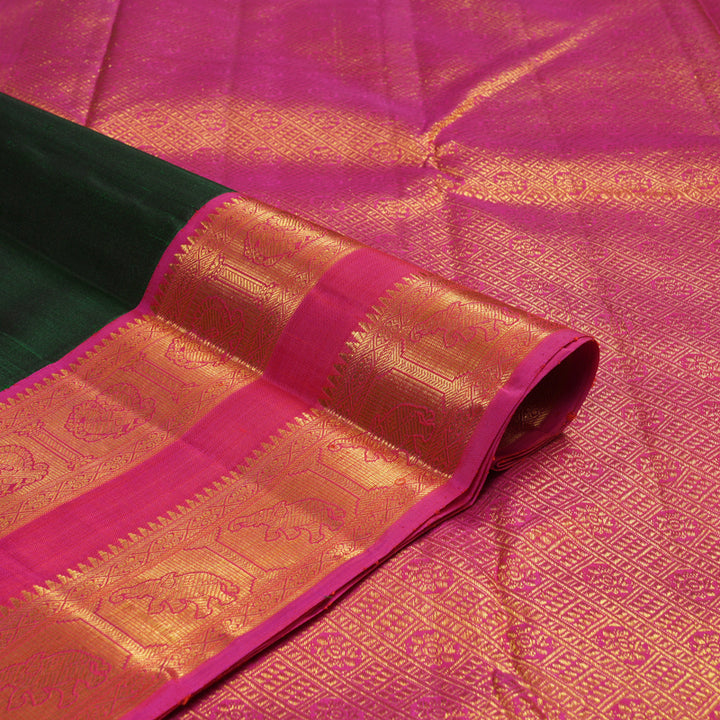 Hayagrivas Handloom Bottle Green Kanjivaram Silk Saree with Pink Border KBE2128A2-3