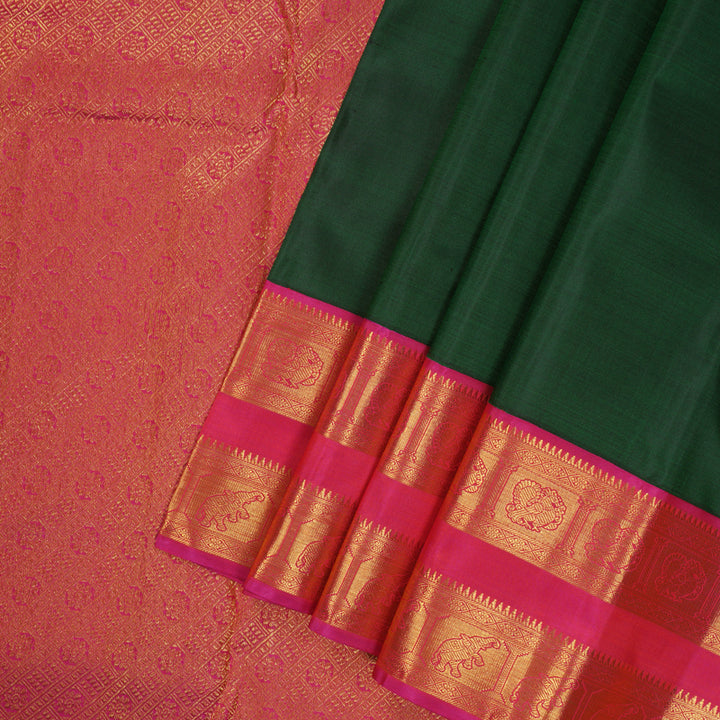 Hayagrivas Handloom Bottle Green Kanjivaram Silk Saree with Pink Border KBE2128A2-3