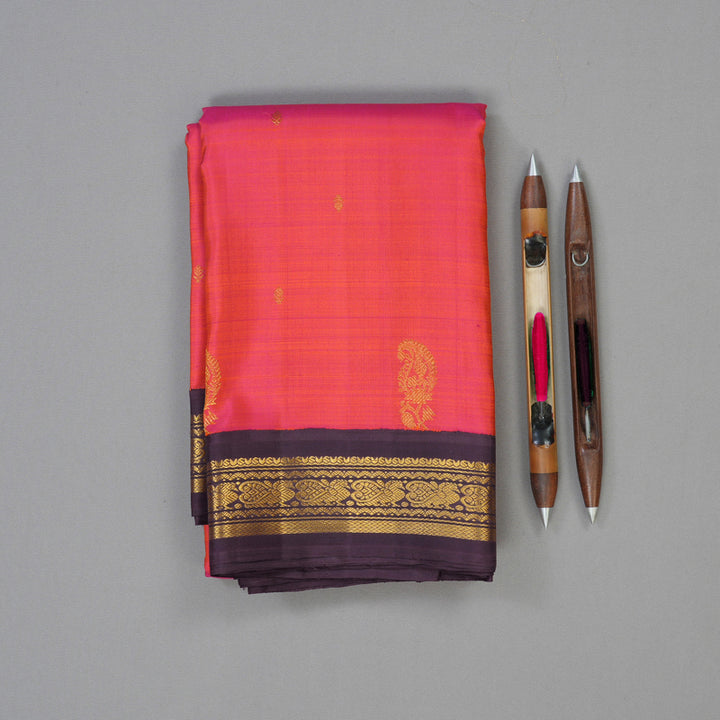 Hayagrivas Handloom Orangish-Pink Kanjivaram Silk Saree with Plum Purple Border KBE2128A9-1
