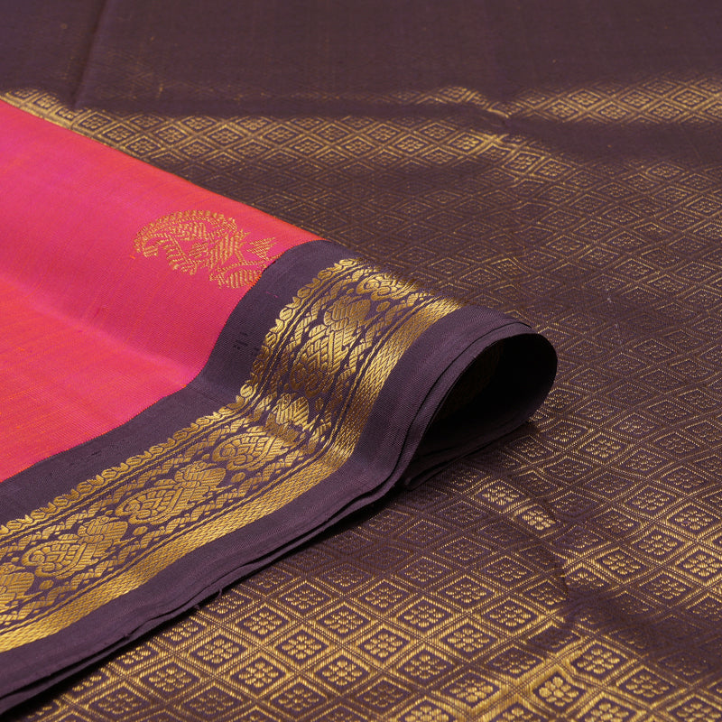 Hayagrivas Handloom Orangish-Pink Kanjivaram Silk Saree with Plum Purple Border KBE2128A9-1