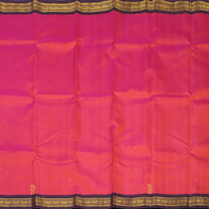 Hayagrivas Handloom Orangish-Pink Kanjivaram Silk Saree with Plum Purple Border KBE2128A9-1