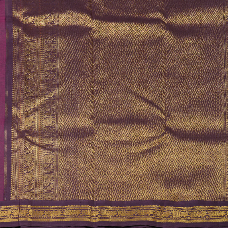 Hayagrivas Handloom Orangish-Pink Kanjivaram Silk Saree with Plum Purple Border KBE2128A9-1