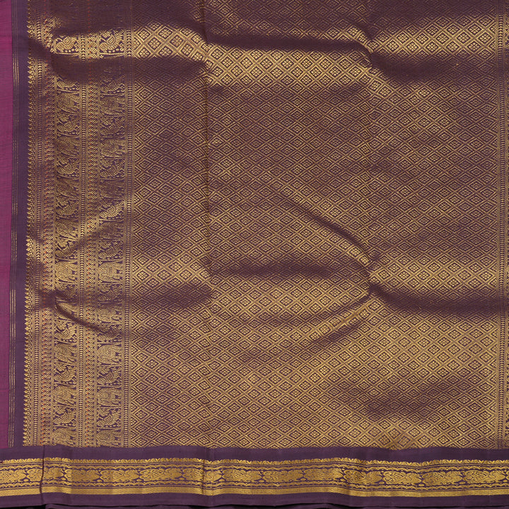 Hayagrivas Handloom Orangish-Pink Kanjivaram Silk Saree with Plum Purple Border KBE2128A9-1