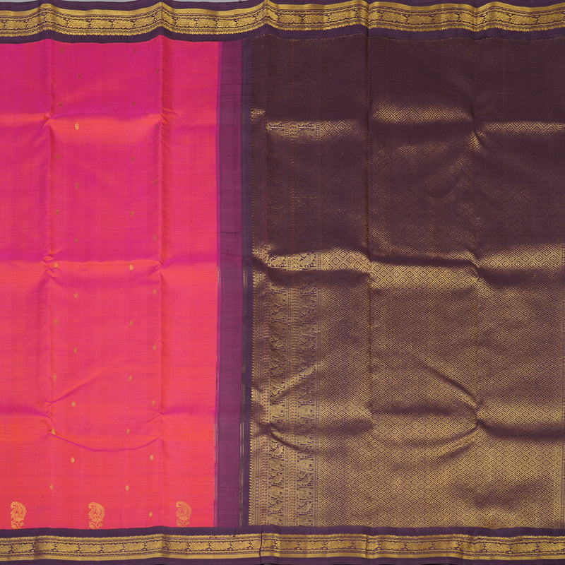 Hayagrivas Handloom Orangish-Pink Kanjivaram Silk Saree with Plum Purple Border KBE2128A9-1