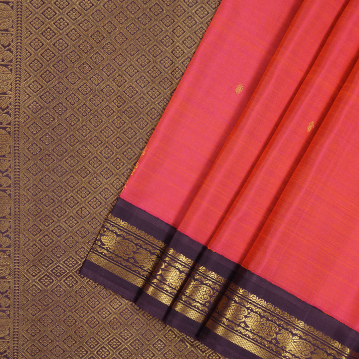 Hayagrivas Handloom Orangish-Pink Kanjivaram Silk Saree with Plum Purple Border KBE2128A9-1