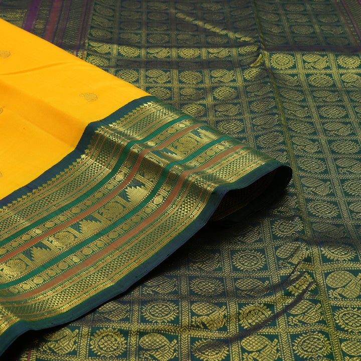Hayagrivas Handloom Yellow Kanjivaram Silk Saree with Mayilkazhuthu Border KBE2130A3-1