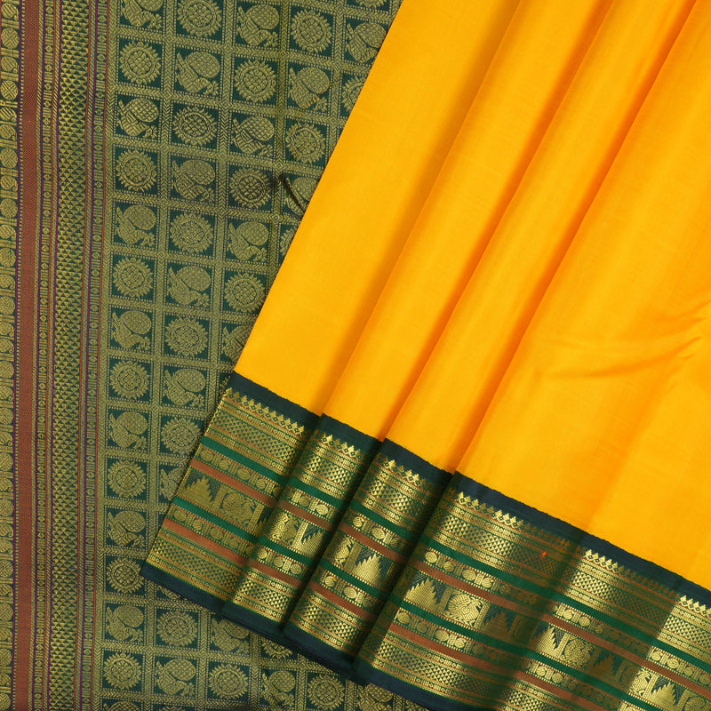 Hayagrivas Handloom Yellow Kanjivaram Silk Saree with Mayilkazhuthu Border KBE2130A3-1