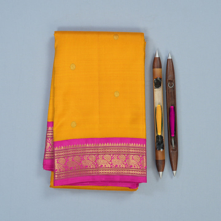 Hayagrivas Handloom Mango Yellow Kanjivaram Silk Saree with Rani Pink Border KBE2130A5-2