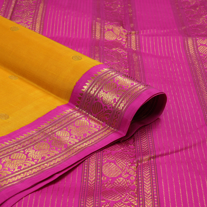 Hayagrivas Handloom Mango Yellow Kanjivaram Silk Saree with Rani Pink Border KBE2130A5-2