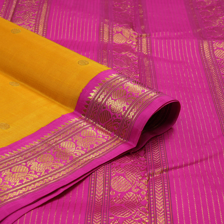 Hayagrivas Handloom Mango Yellow Kanjivaram Silk Saree with Rani Pink Border KBE2130A5-2
