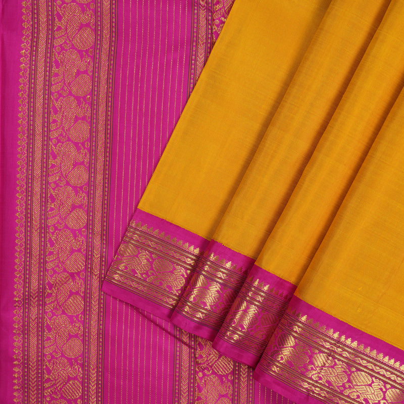 Hayagrivas Handloom Mango Yellow Kanjivaram Silk Saree with Rani Pink Border KBE2130A5-2