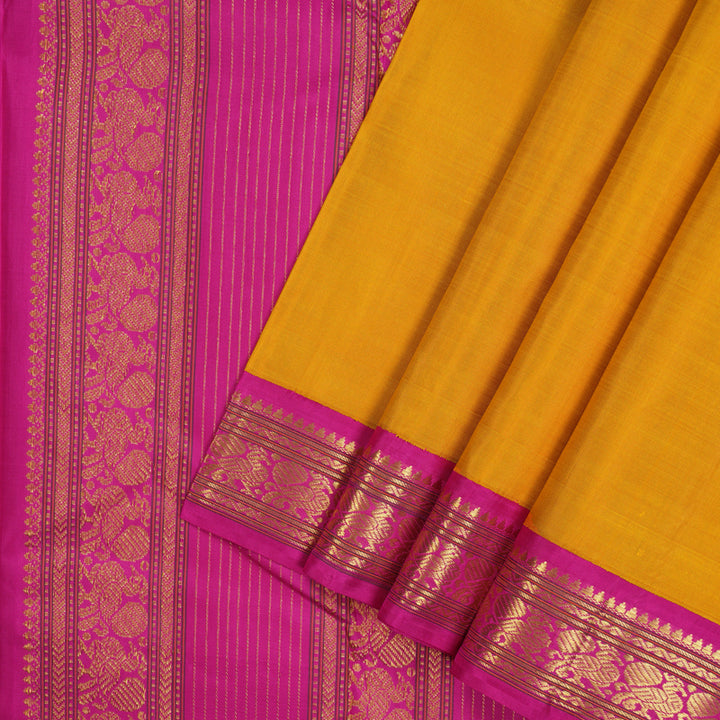 Hayagrivas Handloom Mango Yellow Kanjivaram Silk Saree with Rani Pink Border KBE2130A5-2