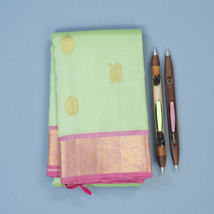 Hayagrivas Handloom Pista Green Kanjivaram Silk Saree with Rose Pink Border KBE2132A1-5