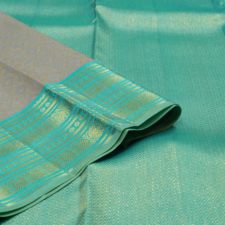 Hayagrivas Handloom Silver Grey Kanjivaram Silk Saree with Sky Blue Border KBE2136A1-2