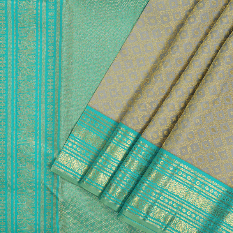 Hayagrivas Handloom Silver Grey Kanjivaram Silk Saree with Sky Blue Border KBE2136A1-2