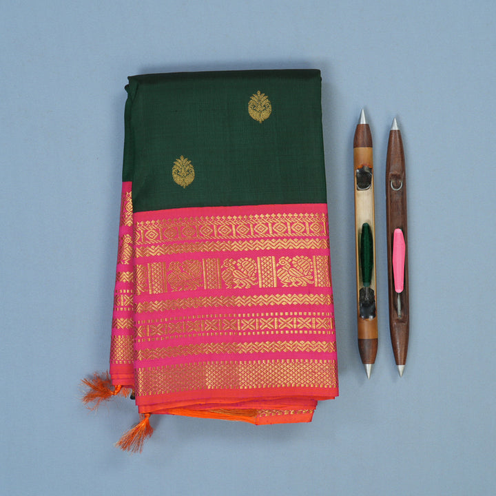 Hayagrivas Handloom Bottle Green Kanjivaram Silk Saree with Pink Border KBE2139A1-1