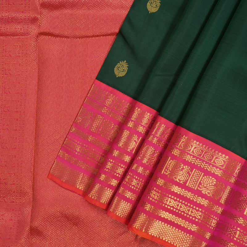 Hayagrivas Handloom Bottle Green Kanjivaram Silk Saree with Pink Border KBE2139A1-1