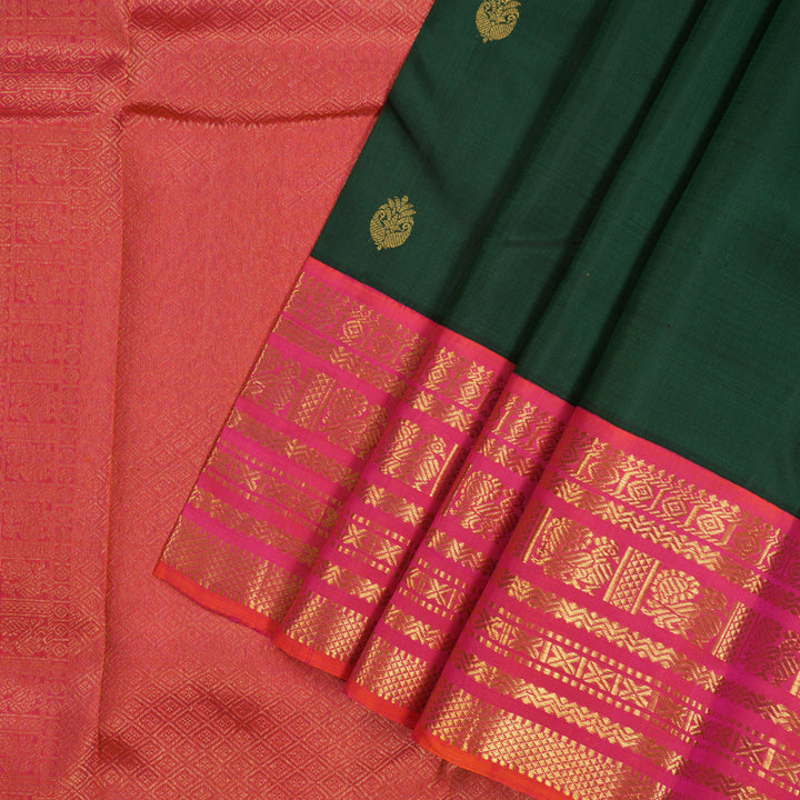 Hayagrivas Handloom Bottle Green Kanjivaram Silk Saree with Pink Border KBE2139A1-1