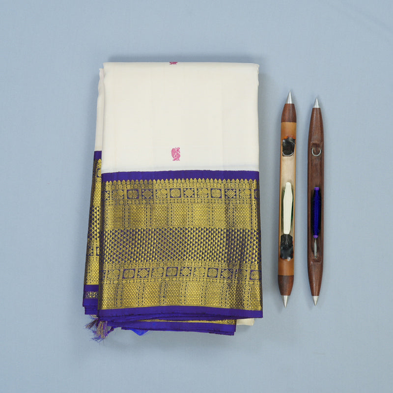 Hayagrivas Handloom Half-White Kanjivaram Silk Saree with MS Blue Border KBE2139A1-5