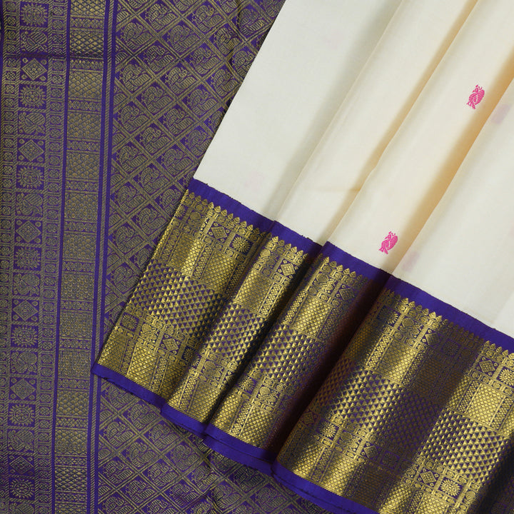 Hayagrivas Handloom Half-White Kanjivaram Silk Saree with MS Blue Border KBE2139A1-5