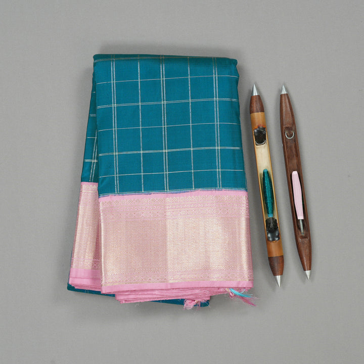 Hayagrivas Peacock Blue Handloom Kanjivaram Silk Saree with Baby Pink Border KBE213D4-1