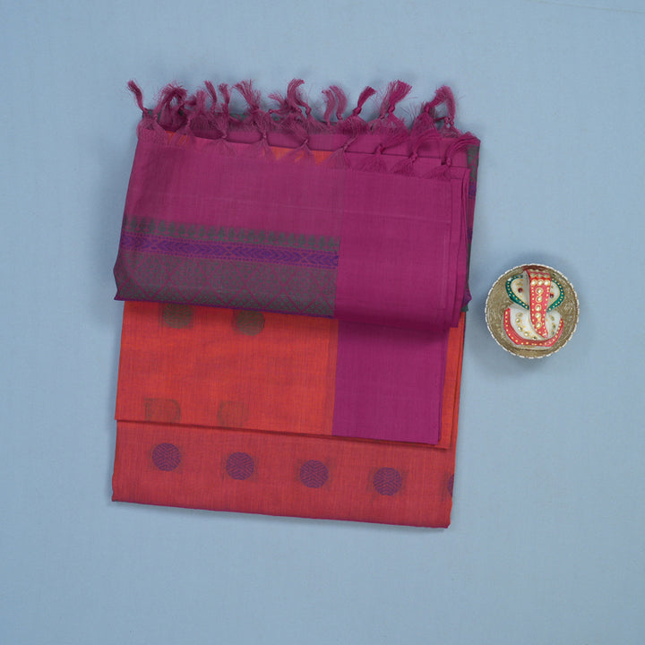 Hayagrivas Orangish-Pink Handloom Cotton Saree KBE2145A1-1