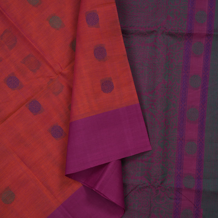 Hayagrivas Orangish-Pink Handloom Cotton Saree KBE2145A1-1